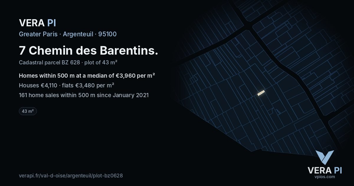 7 Chemin des Barentins, Argenteuil at night – the plot lit, the parcels around coloured by the prices near them