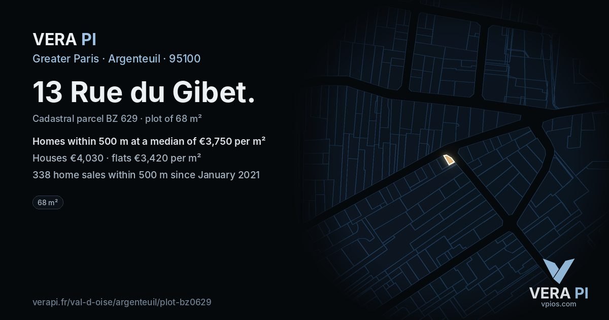 13 Rue du Gibet, Argenteuil at night – the plot lit, the parcels around coloured by the prices near them