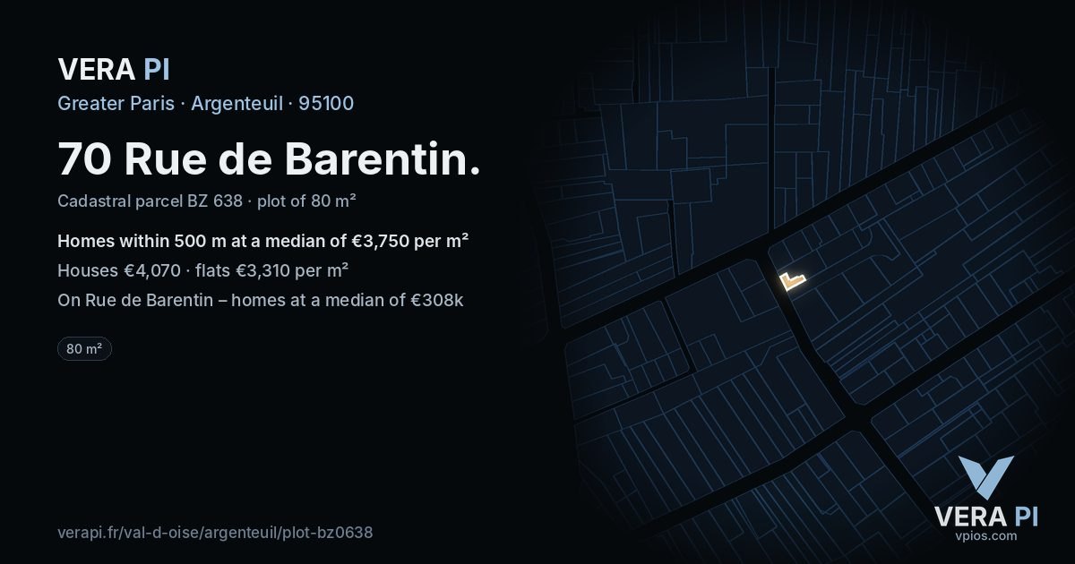 70 Rue de Barentin, Argenteuil at night – the plot lit, the parcels around coloured by the prices near them