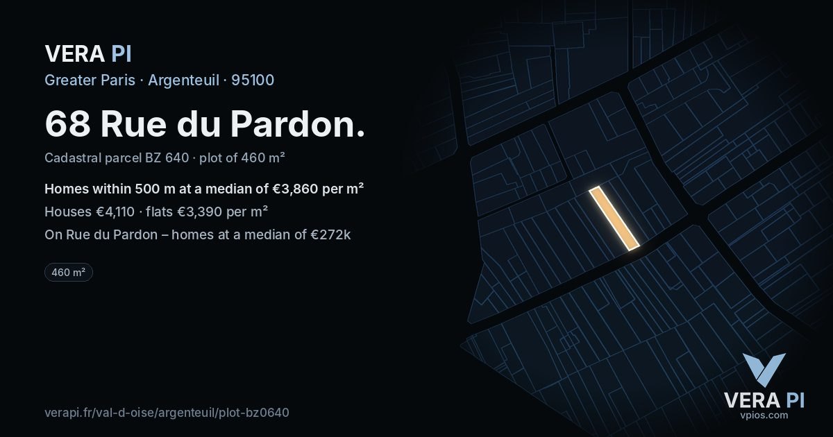 68 Rue du Pardon, Argenteuil at night – the plot lit, the parcels around coloured by the prices near them
