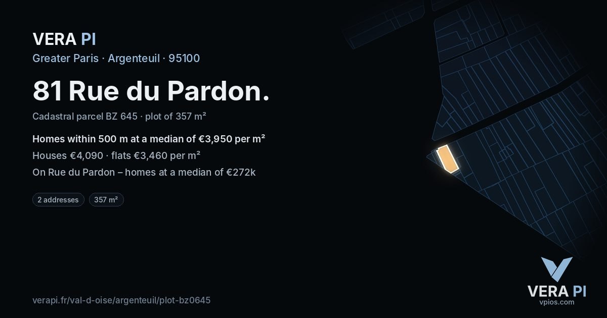 81 Rue du Pardon, Argenteuil at night – the plot lit, the parcels around coloured by the prices near them