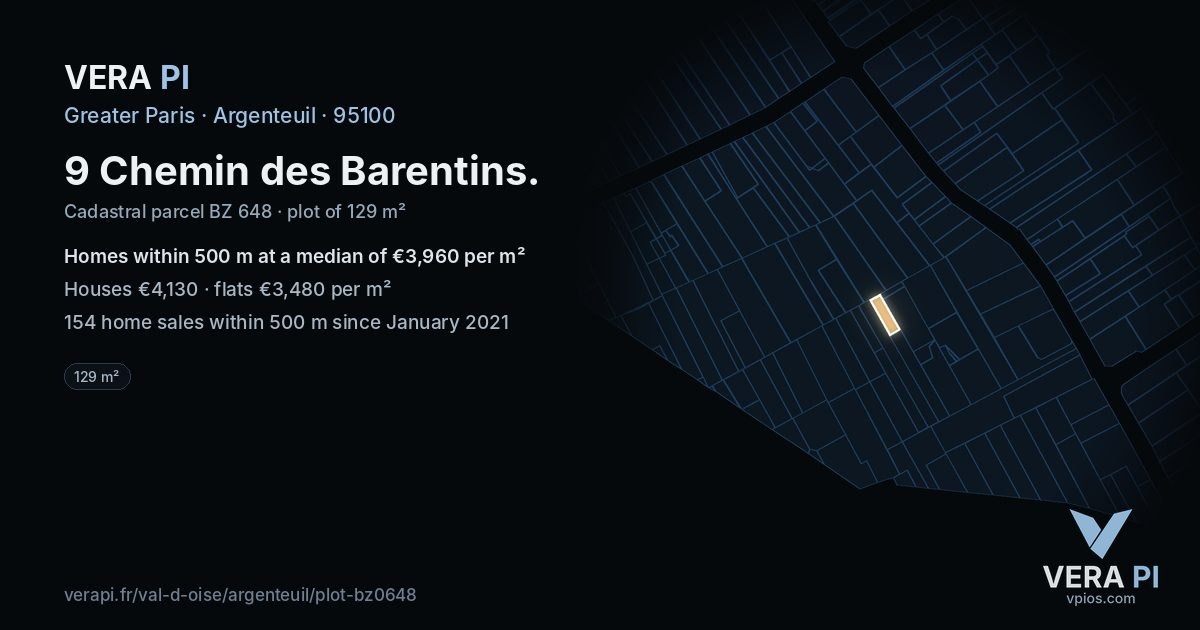 9 Chemin des Barentins, Argenteuil at night – the plot lit, the parcels around coloured by the prices near them