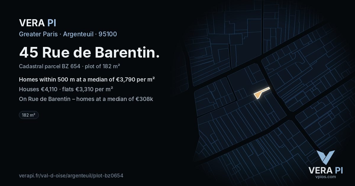 45 Rue de Barentin, Argenteuil at night – the plot lit, the parcels around coloured by the prices near them