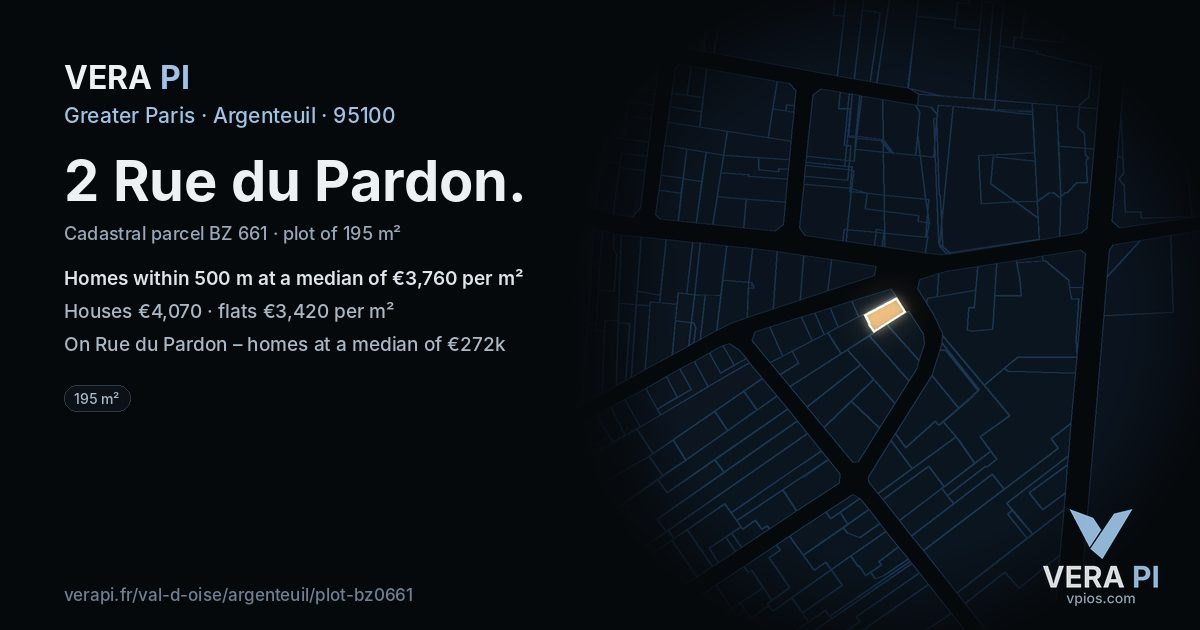 2 Rue du Pardon, Argenteuil at night – the plot lit, the parcels around coloured by the prices near them
