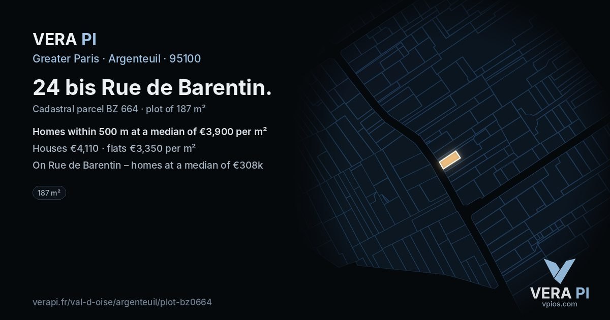24 bis Rue de Barentin, Argenteuil at night – the plot lit, the parcels around coloured by the prices near them
