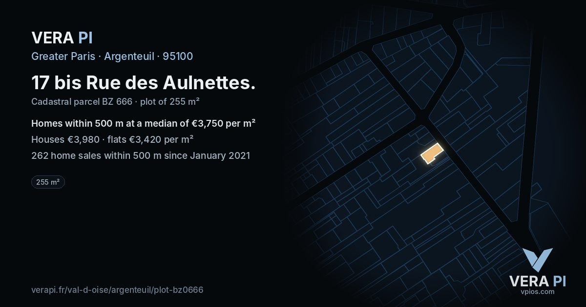 17 bis Rue des Aulnettes, Argenteuil at night – the plot lit, the parcels around coloured by the prices near them