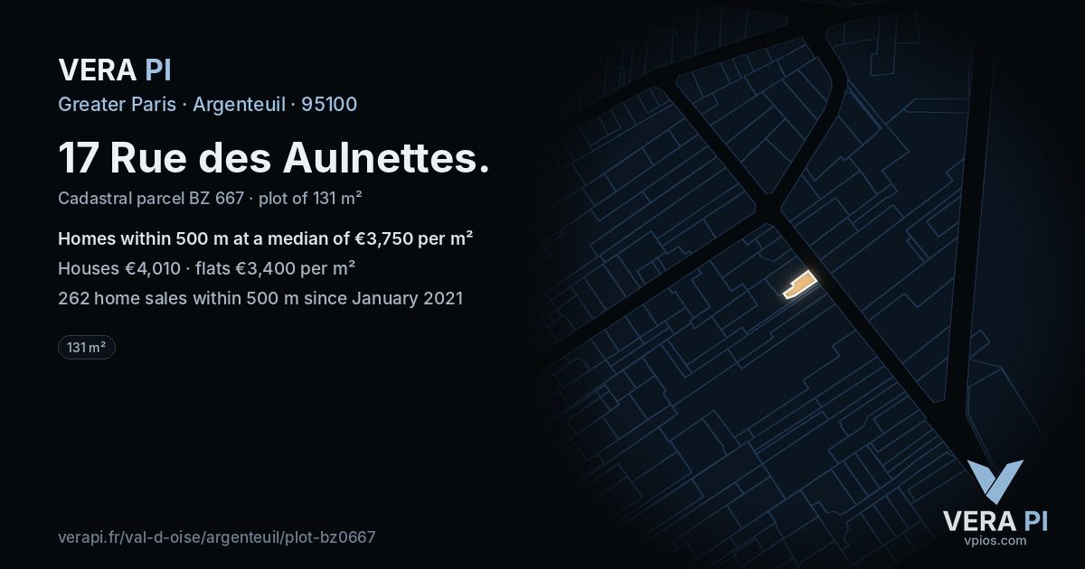 17 Rue des Aulnettes, Argenteuil at night – the plot lit, the parcels around coloured by the prices near them