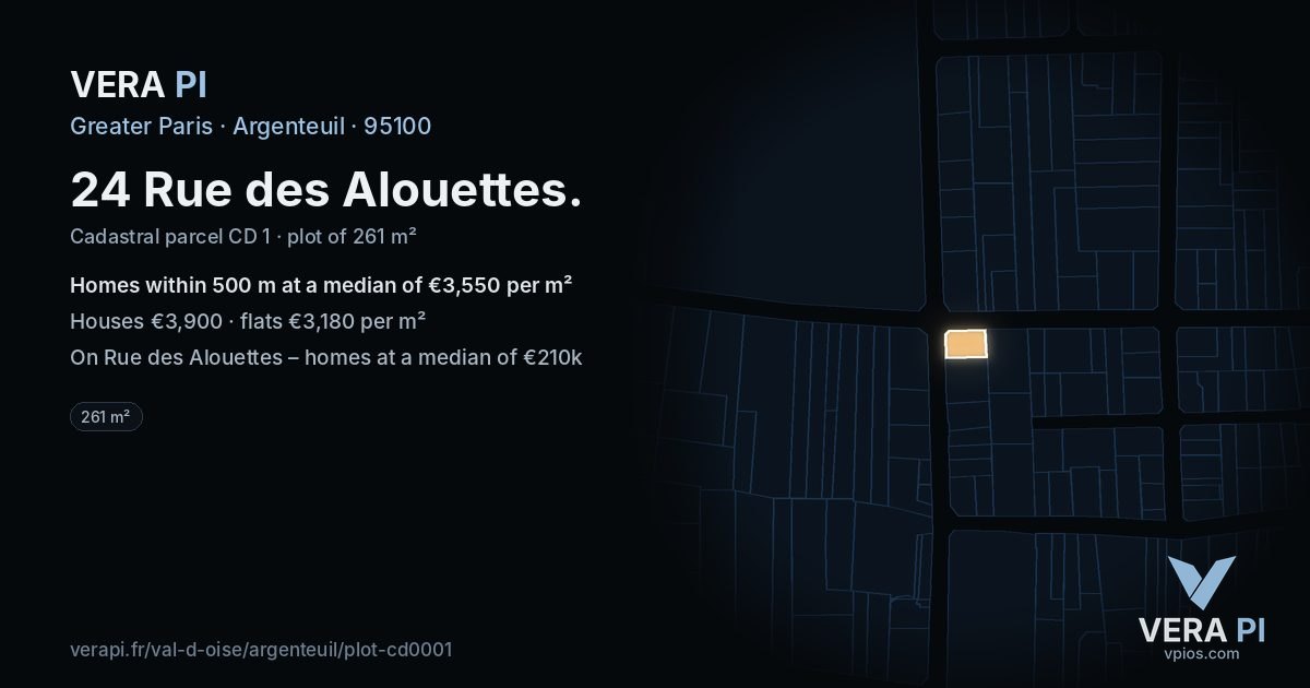 24 Rue des Alouettes, Argenteuil at night – the plot lit, the parcels around coloured by the prices near them