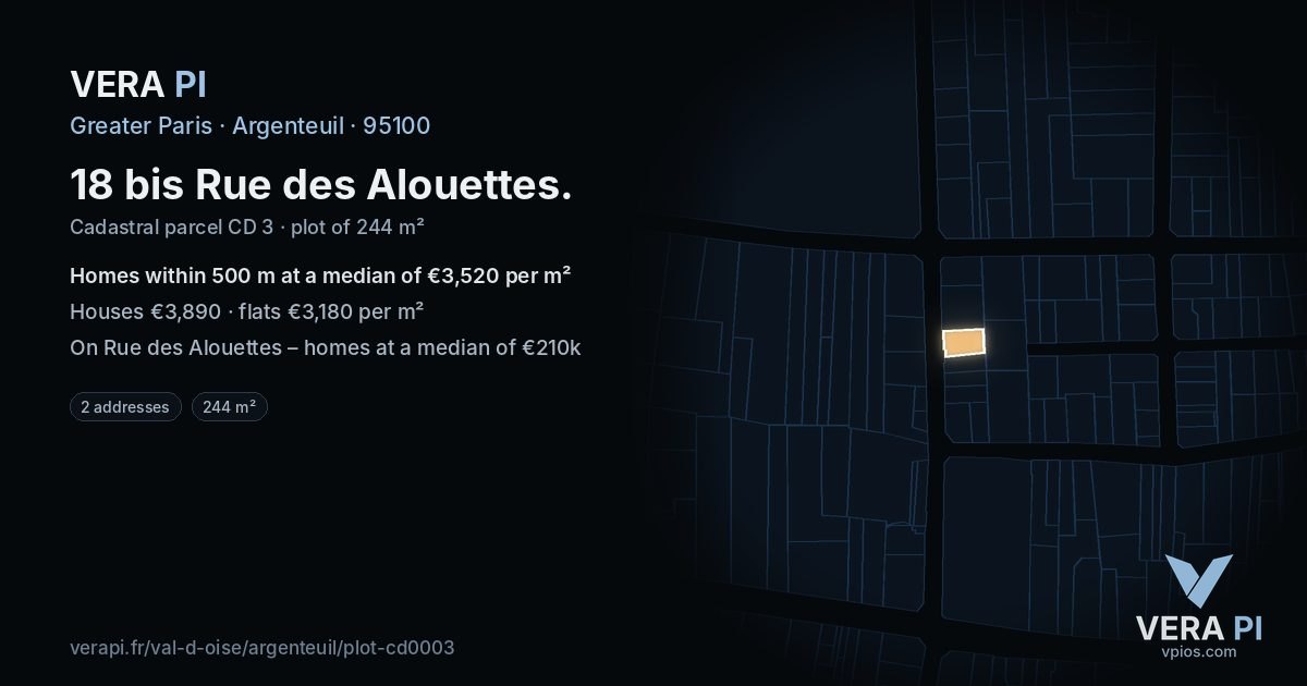 18 bis Rue des Alouettes, Argenteuil at night – the plot lit, the parcels around coloured by the prices near them