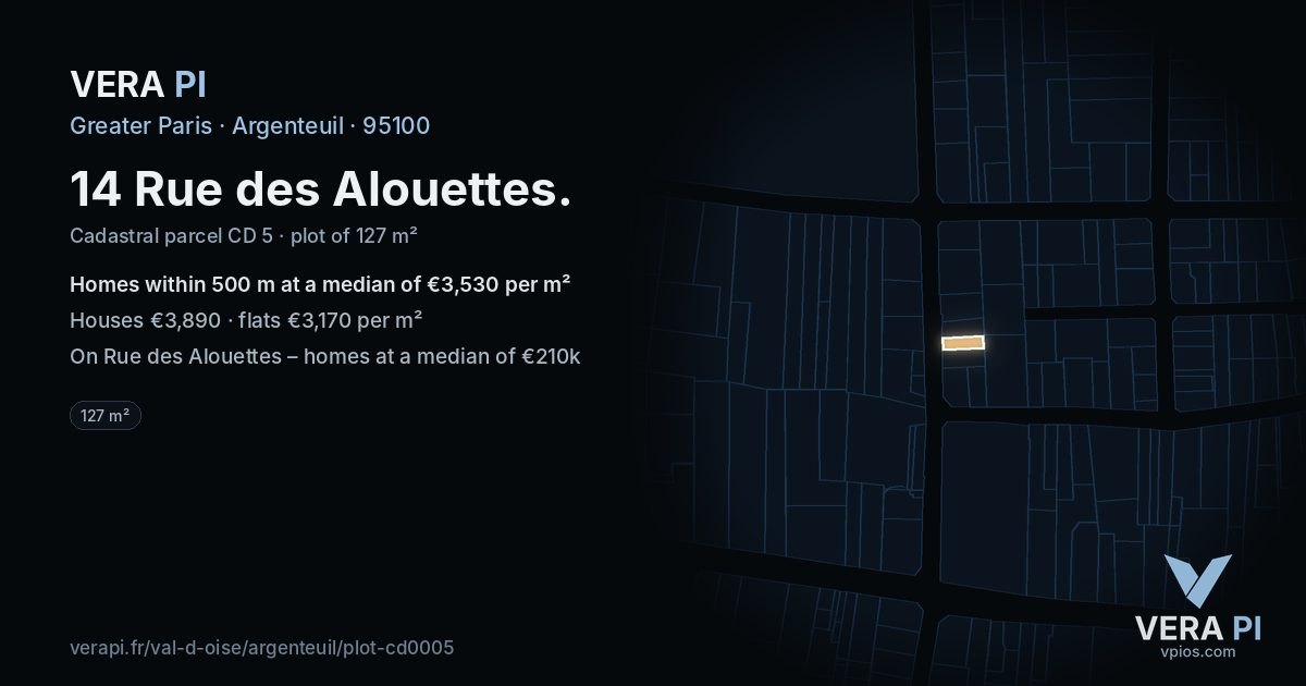 14 Rue des Alouettes, Argenteuil at night – the plot lit, the parcels around coloured by the prices near them
