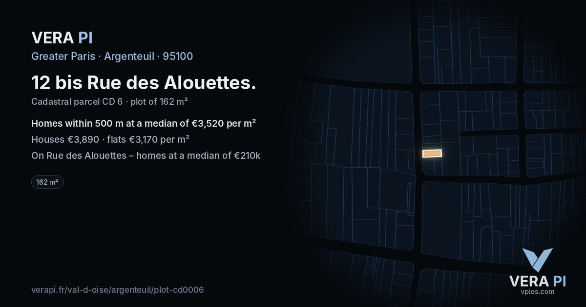 12 bis Rue des Alouettes, Argenteuil at night – the plot lit, the parcels around coloured by the prices near them