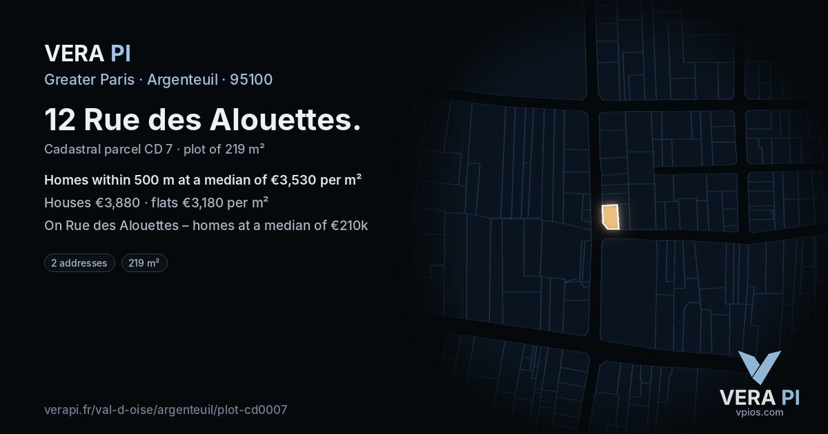12 Rue des Alouettes, Argenteuil at night – the plot lit, the parcels around coloured by the prices near them