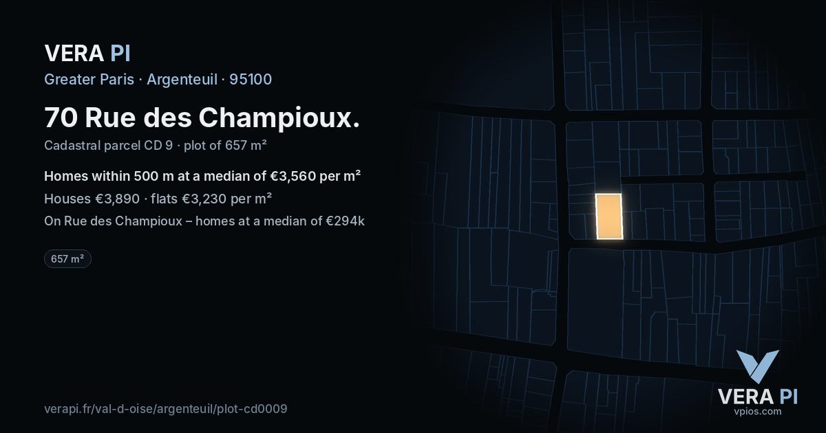 70 Rue des Champioux, Argenteuil at night – the plot lit, the parcels around coloured by the prices near them