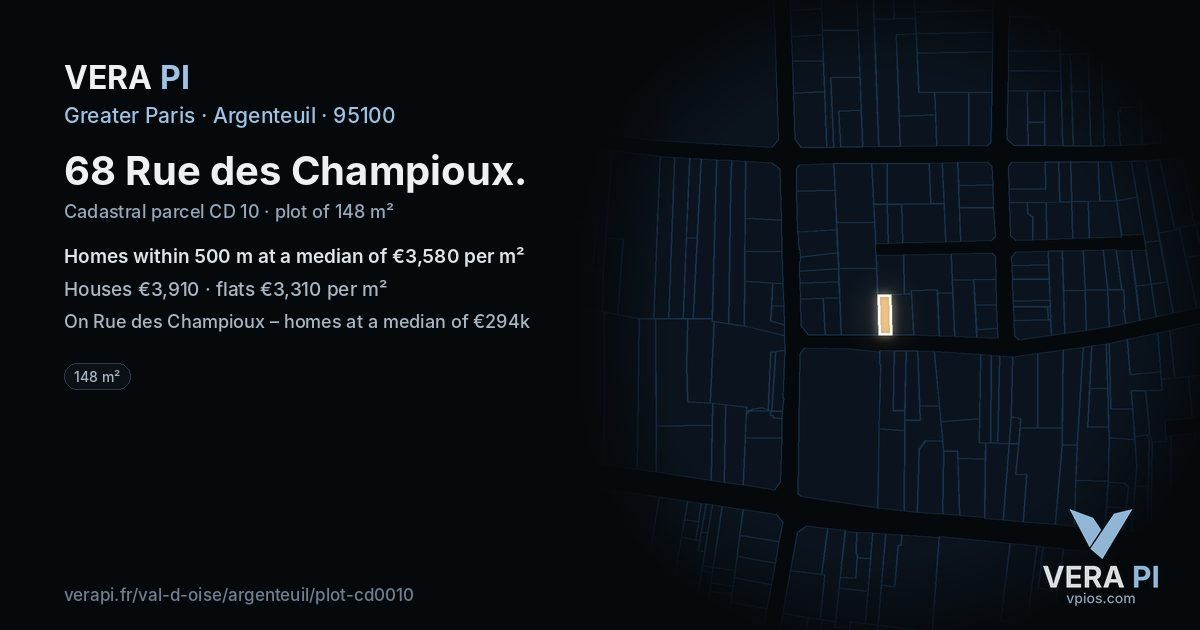 68 Rue des Champioux, Argenteuil at night – the plot lit, the parcels around coloured by the prices near them