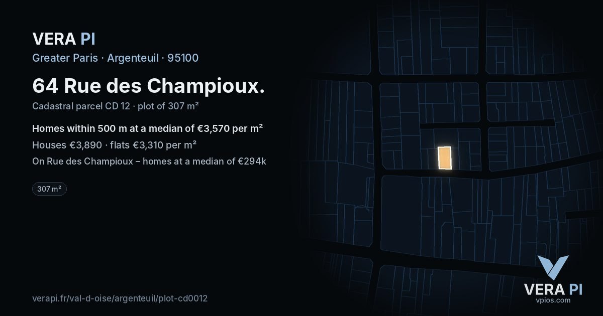 64 Rue des Champioux, Argenteuil at night – the plot lit, the parcels around coloured by the prices near them