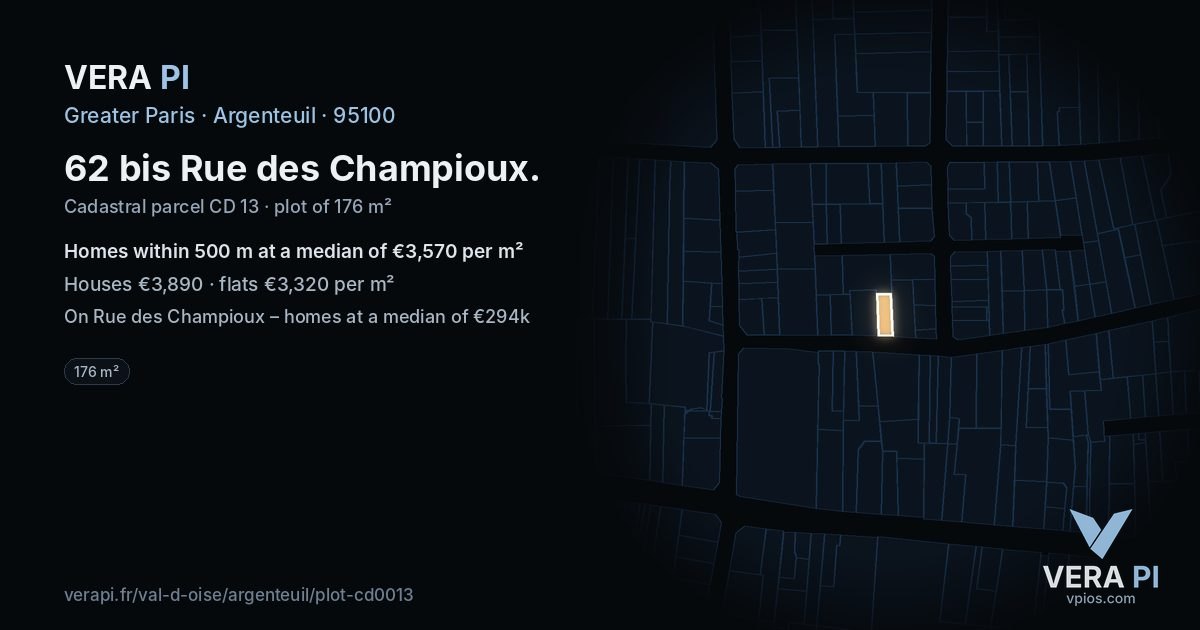 62 bis Rue des Champioux, Argenteuil at night – the plot lit, the parcels around coloured by the prices near them