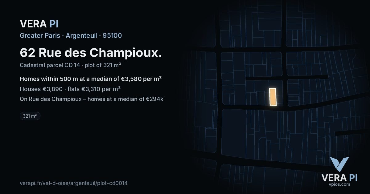 62 Rue des Champioux, Argenteuil at night – the plot lit, the parcels around coloured by the prices near them