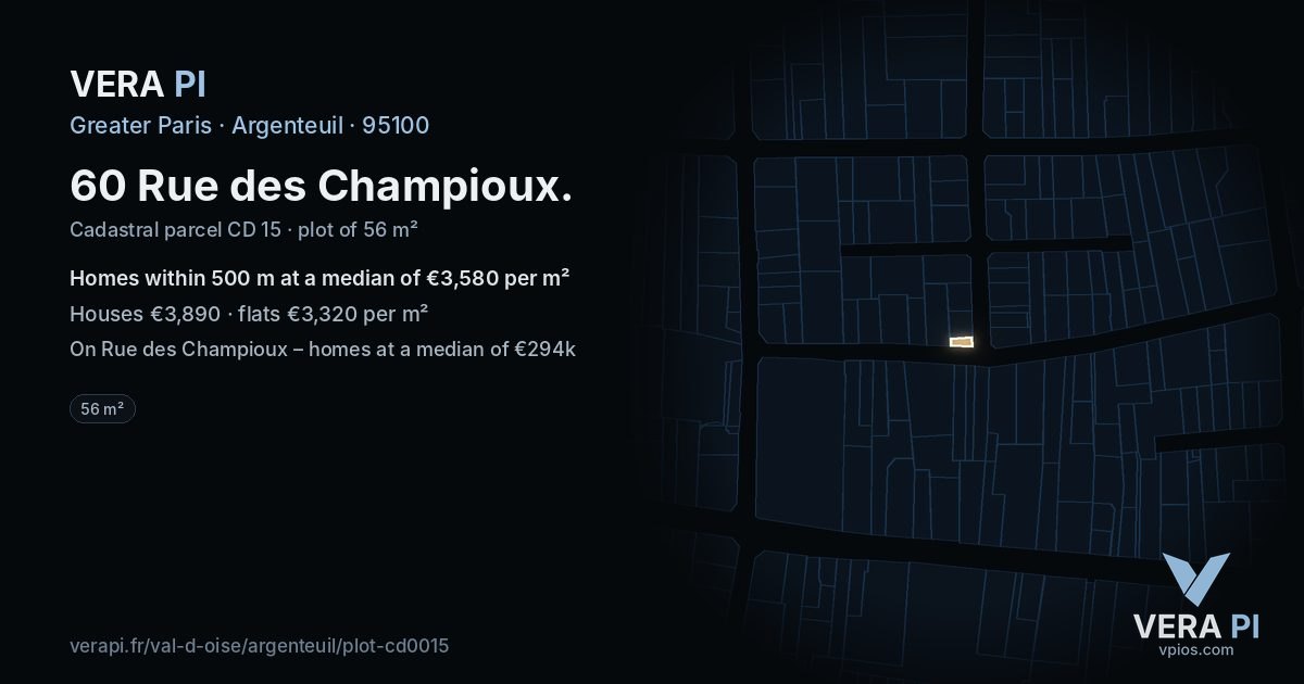 60 Rue des Champioux, Argenteuil at night – the plot lit, the parcels around coloured by the prices near them