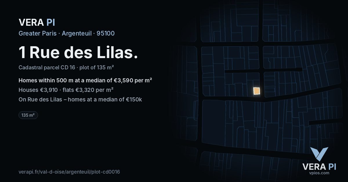 1 Rue des Lilas, Argenteuil at night – the plot lit, the parcels around coloured by the prices near them