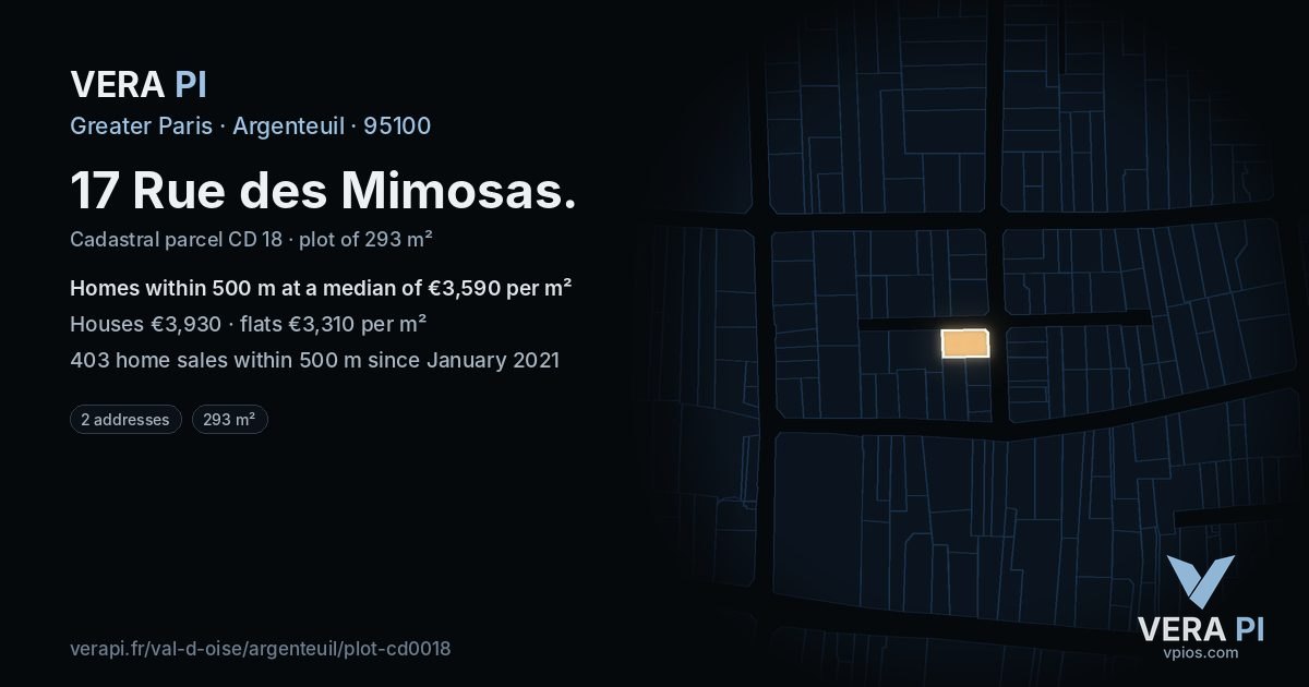 17 Rue des Mimosas, Argenteuil at night – the plot lit, the parcels around coloured by the prices near them