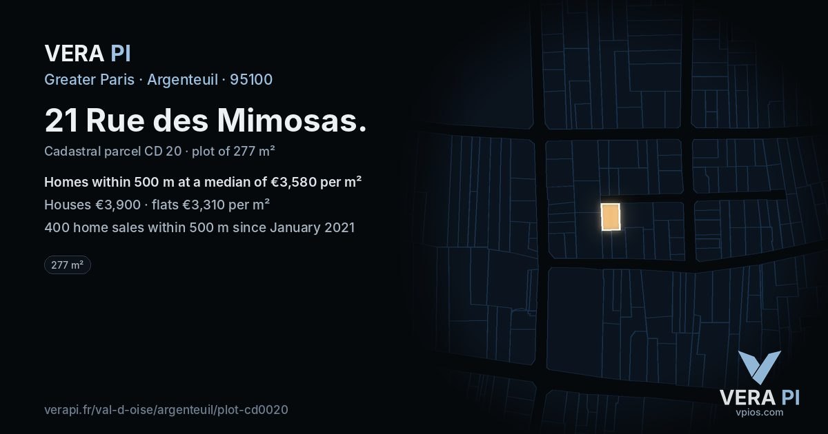 21 Rue des Mimosas, Argenteuil at night – the plot lit, the parcels around coloured by the prices near them