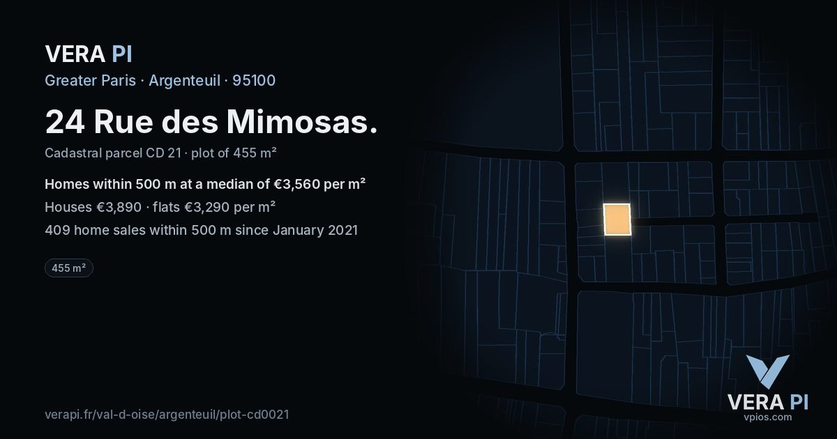 24 Rue des Mimosas, Argenteuil at night – the plot lit, the parcels around coloured by the prices near them
