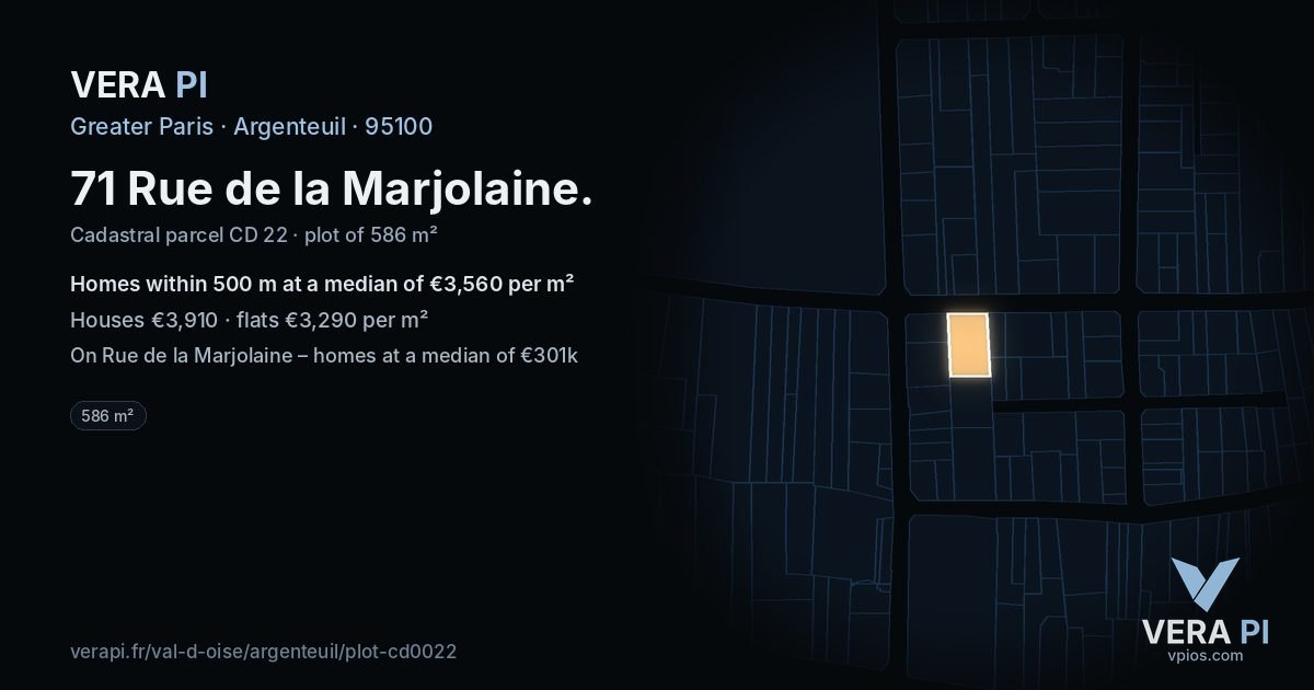 71 Rue de la Marjolaine, Argenteuil at night – the plot lit, the parcels around coloured by the prices near them