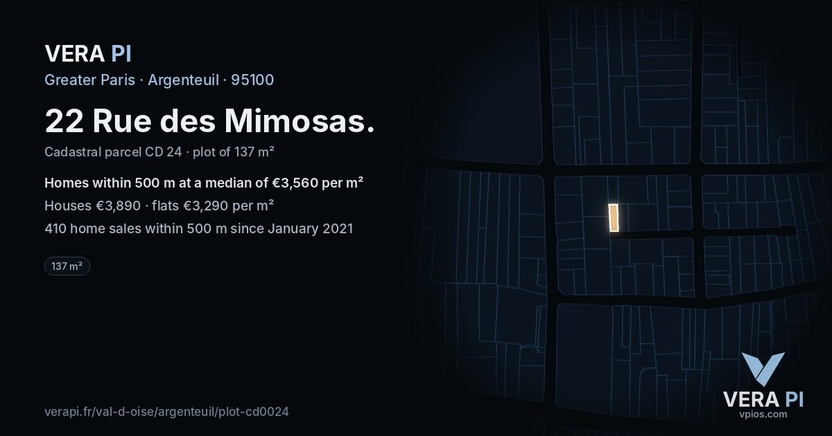 22 Rue des Mimosas, Argenteuil at night – the plot lit, the parcels around coloured by the prices near them