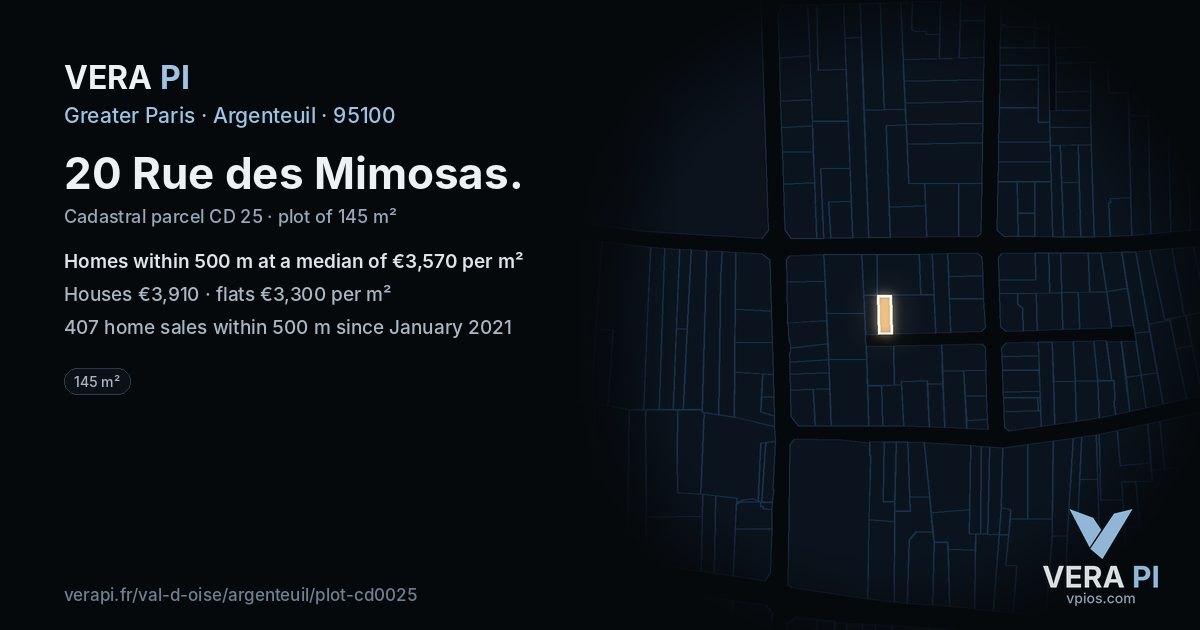 20 Rue des Mimosas, Argenteuil at night – the plot lit, the parcels around coloured by the prices near them