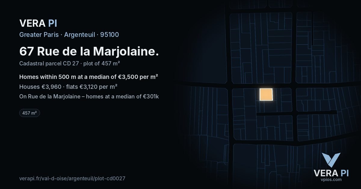 67 Rue de la Marjolaine, Argenteuil at night – the plot lit, the parcels around coloured by the prices near them