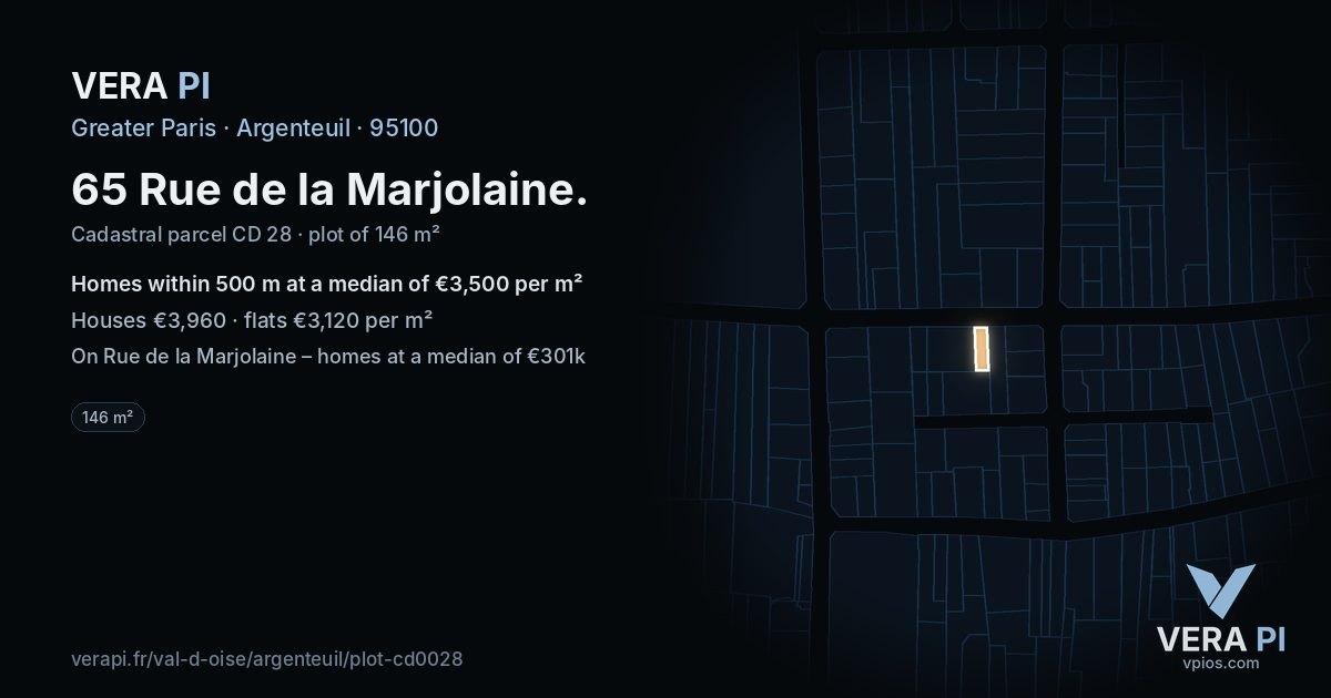 65 Rue de la Marjolaine, Argenteuil at night – the plot lit, the parcels around coloured by the prices near them
