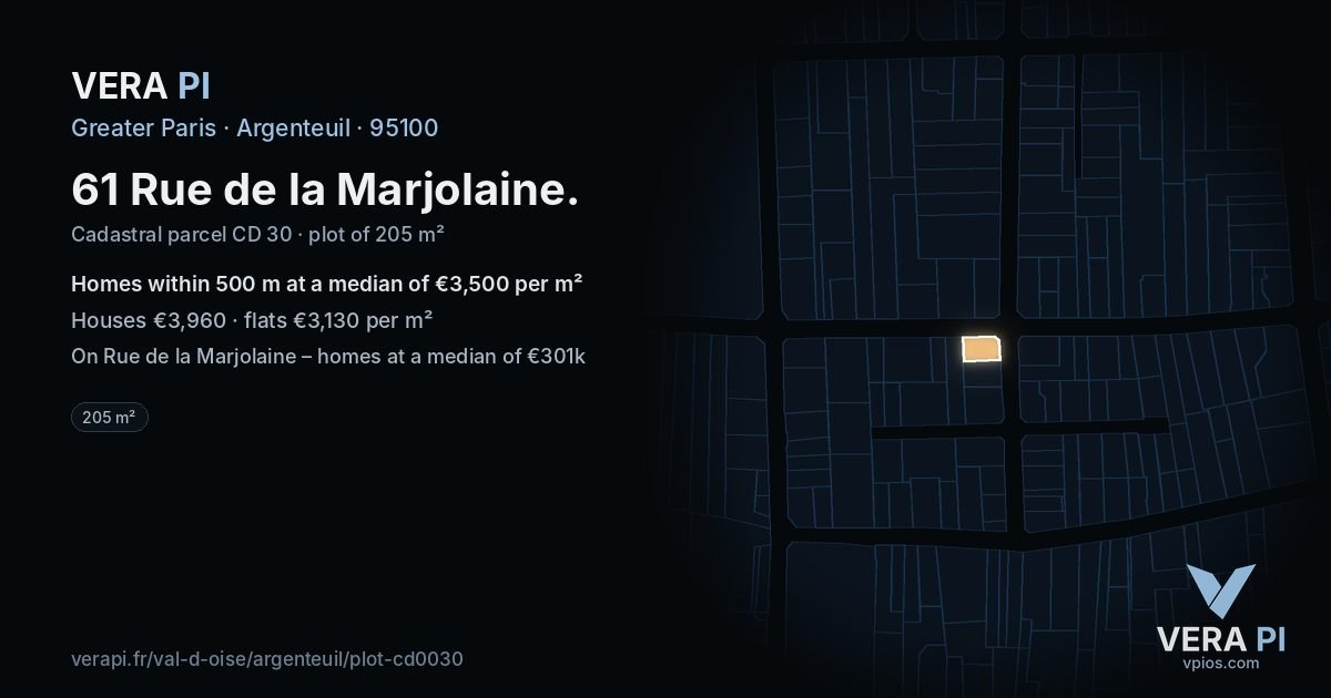 61 Rue de la Marjolaine, Argenteuil at night – the plot lit, the parcels around coloured by the prices near them