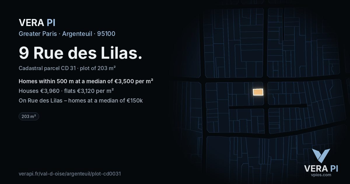 9 Rue des Lilas, Argenteuil at night – the plot lit, the parcels around coloured by the prices near them