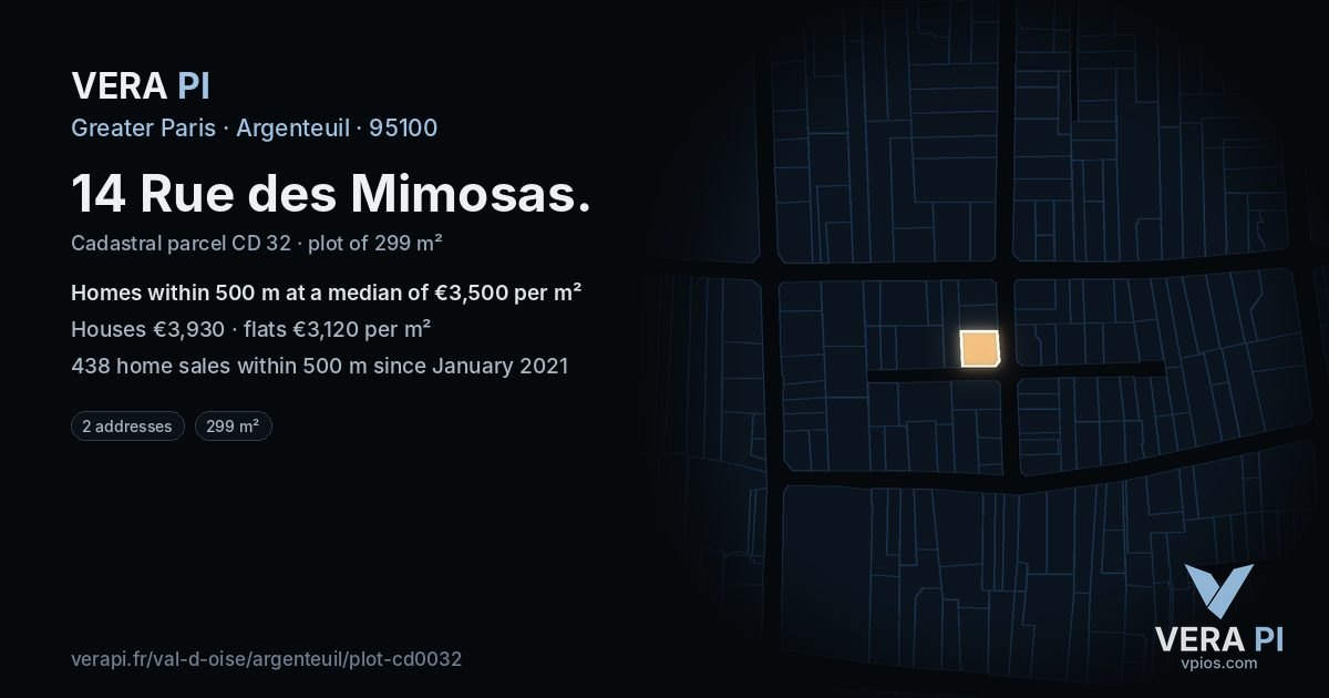 14 Rue des Mimosas, Argenteuil at night – the plot lit, the parcels around coloured by the prices near them