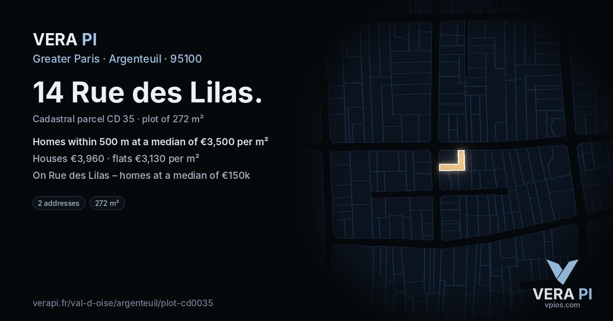 14 Rue des Lilas, Argenteuil at night – the plot lit, the parcels around coloured by the prices near them