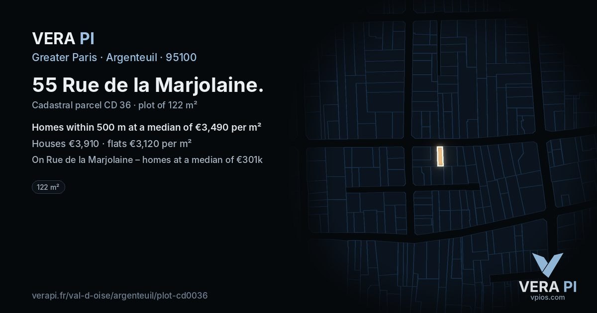 55 Rue de la Marjolaine, Argenteuil at night – the plot lit, the parcels around coloured by the prices near them