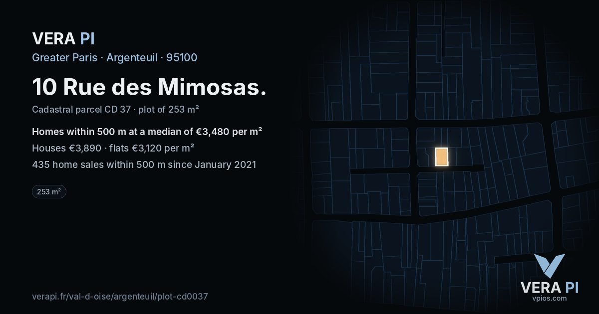 10 Rue des Mimosas, Argenteuil at night – the plot lit, the parcels around coloured by the prices near them