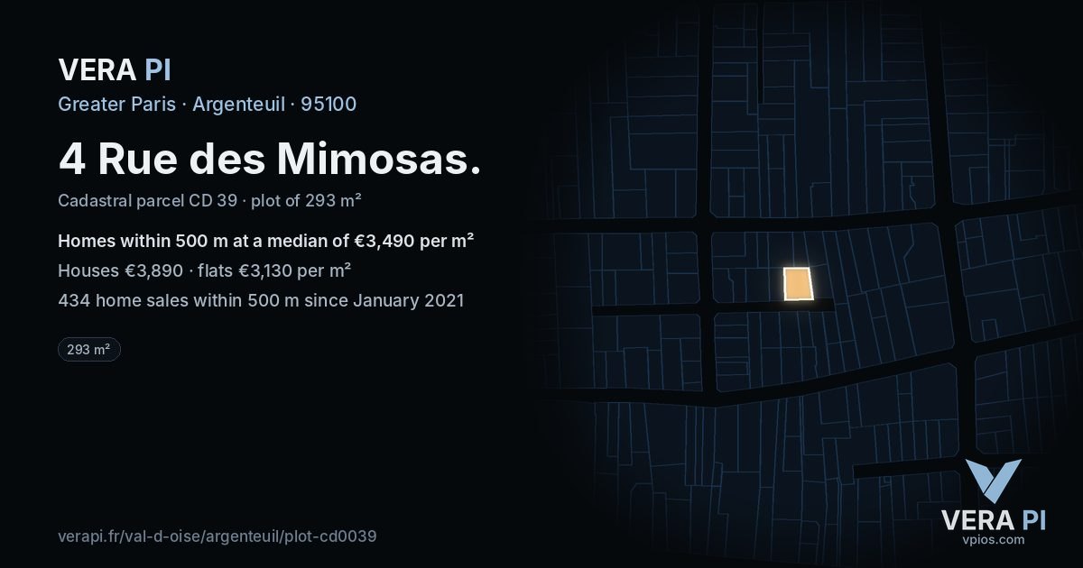 4 Rue des Mimosas, Argenteuil at night – the plot lit, the parcels around coloured by the prices near them