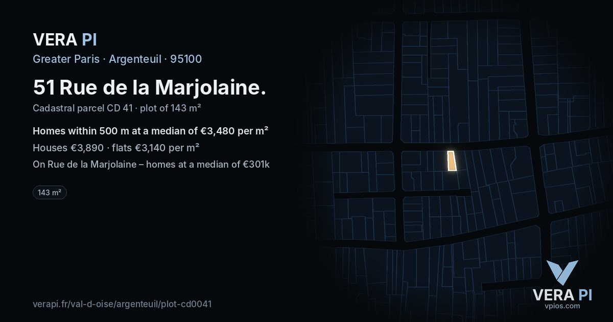 51 Rue de la Marjolaine, Argenteuil at night – the plot lit, the parcels around coloured by the prices near them
