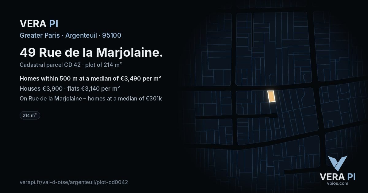 49 Rue de la Marjolaine, Argenteuil at night – the plot lit, the parcels around coloured by the prices near them