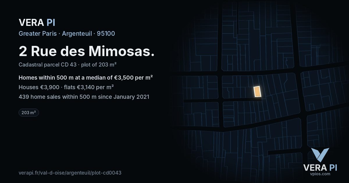 2 Rue des Mimosas, Argenteuil at night – the plot lit, the parcels around coloured by the prices near them