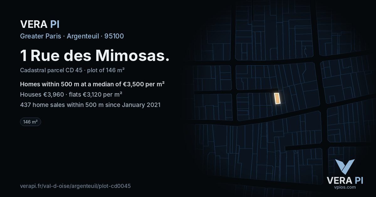 1 Rue des Mimosas, Argenteuil at night – the plot lit, the parcels around coloured by the prices near them