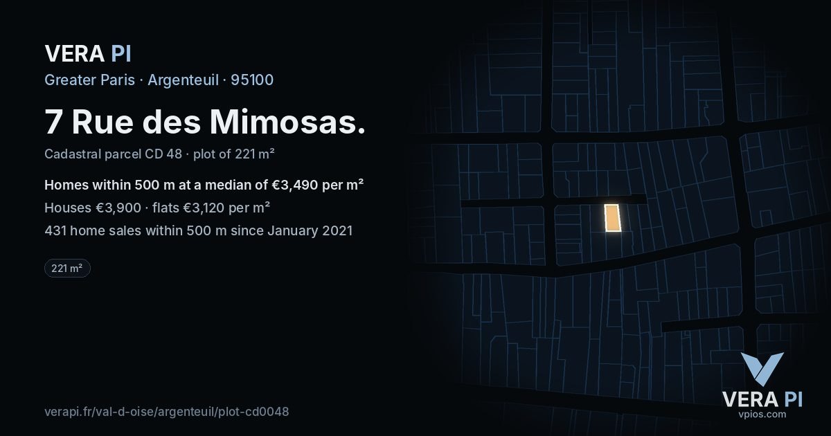7 Rue des Mimosas, Argenteuil at night – the plot lit, the parcels around coloured by the prices near them