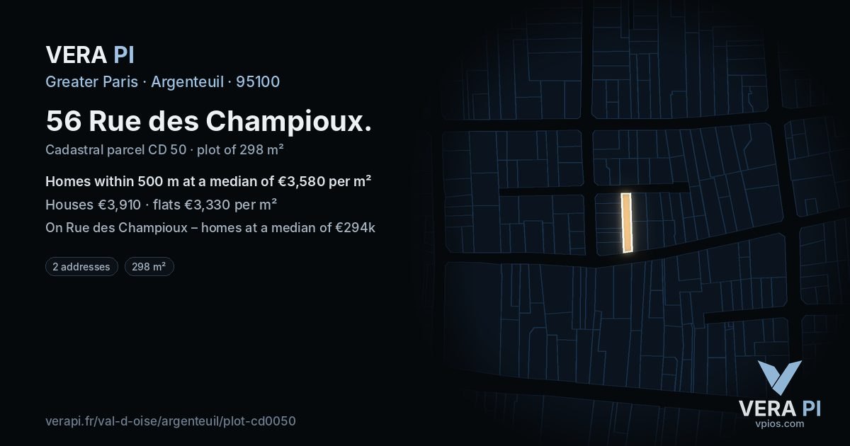 56 Rue des Champioux, Argenteuil at night – the plot lit, the parcels around coloured by the prices near them