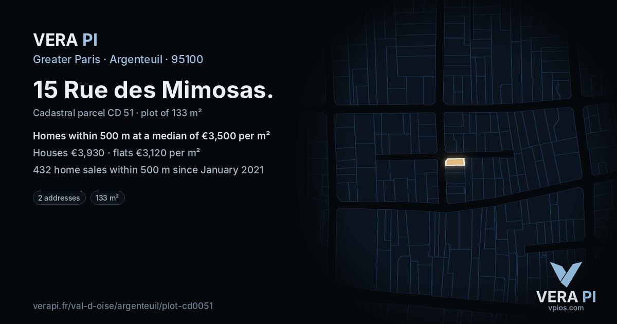 15 Rue des Mimosas, Argenteuil at night – the plot lit, the parcels around coloured by the prices near them