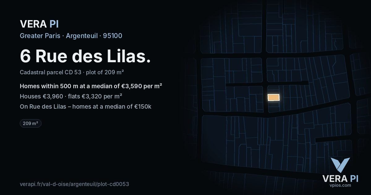 6 Rue des Lilas, Argenteuil at night – the plot lit, the parcels around coloured by the prices near them