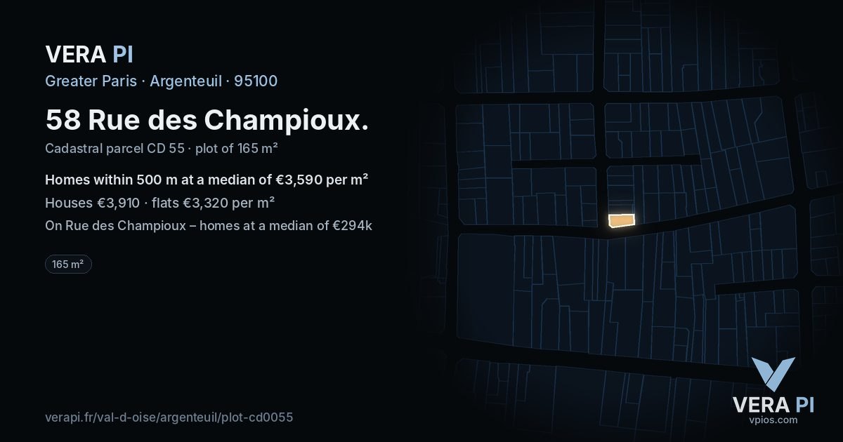 58 Rue des Champioux, Argenteuil at night – the plot lit, the parcels around coloured by the prices near them
