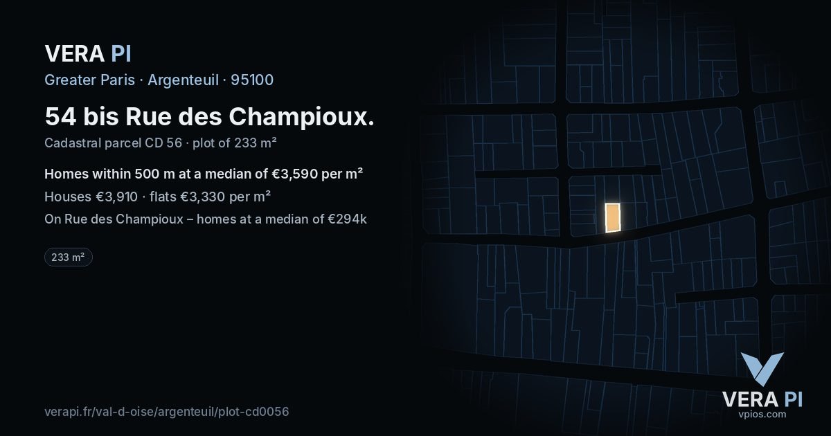 54 bis Rue des Champioux, Argenteuil at night – the plot lit, the parcels around coloured by the prices near them