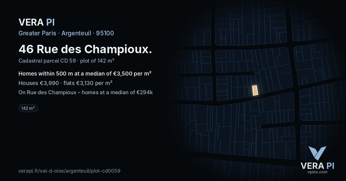 46 Rue des Champioux, Argenteuil at night – the plot lit, the parcels around coloured by the prices near them