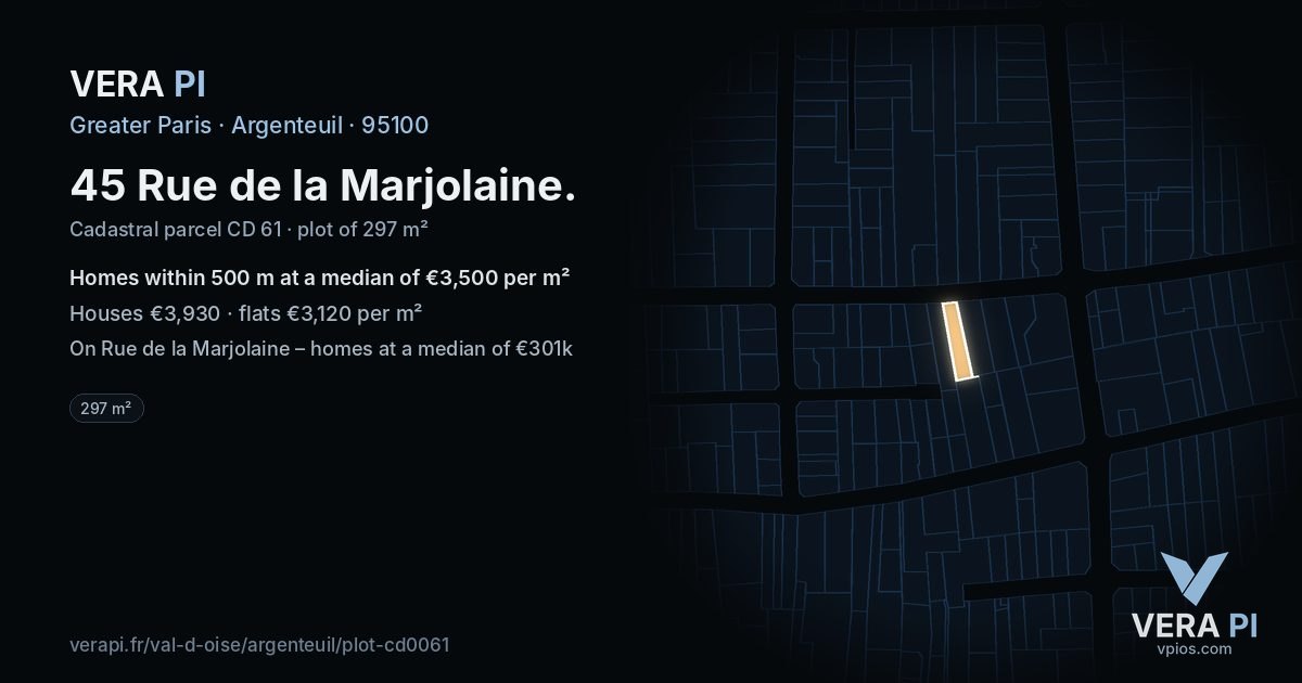 45 Rue de la Marjolaine, Argenteuil at night – the plot lit, the parcels around coloured by the prices near them